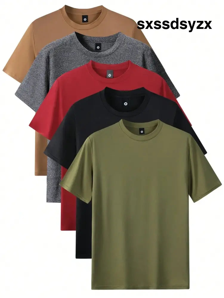 5pcs Men’s Regular Fit Short Sleeve T-Shirts Solid Color Basic Casual Sports Lightweight Tops Tee - Men Tops