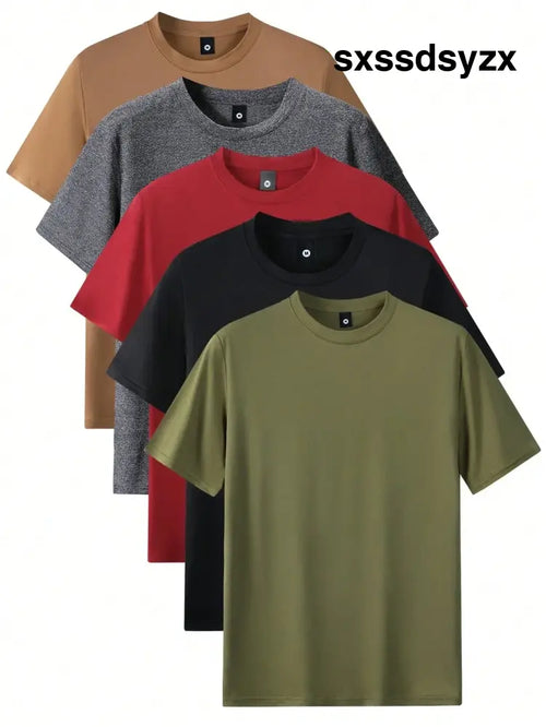 5pcs Men’s Regular Fit Short Sleeve T-Shirts Solid Color Basic Casual Sports Lightweight Tops Tee - Men Tops