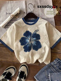 Attitoon Casual Minimalist Blue Floral Pattern Round Neck Short Sleeve Loose Women T-Shirt Suitable For Summer Hibiscus