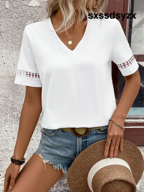 Balvessa Women V-Neck Hollow Out Short Sleeve Casual T-Shirt - T-Shirts