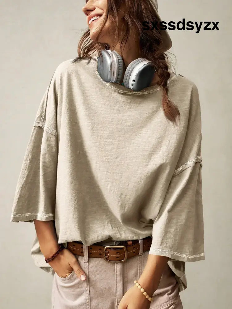 Bohemela Casual Solid Color Knit Round Neck 3/4 Sleeve Loose Washed T-Shirt Boho - T-Shirts