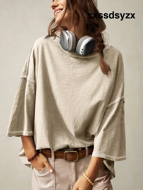 Bohemela Casual Solid Color Knit Round Neck 3/4 Sleeve Loose Washed T-Shirt Boho - T-Shirts