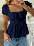CovetEZ 95% Cotton Summer Square Neck Puff Sleeve Tie Front Tee Navy Blue,Summer Top - T-Shirts