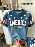 EMERY ROSE New Vintage American Letter Print Short Sleeve T-Shirt - T-Shirts