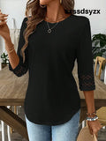 EMERY ROSE Women Solid Color Casual Crew Neck Hollow Out Sleeve Tee Graphic Tees Women Tops - T-Shirts