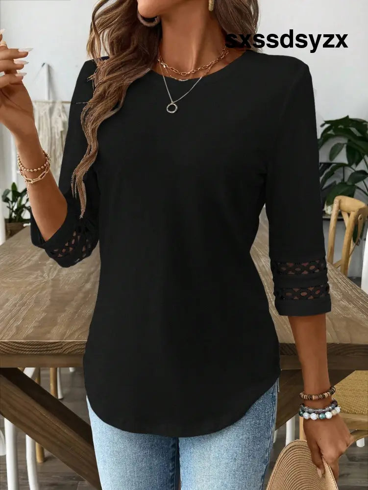 EMERY ROSE Women Solid Color Casual Crew Neck Hollow Out Sleeve Tee Graphic Tees Women Tops - T-Shirts