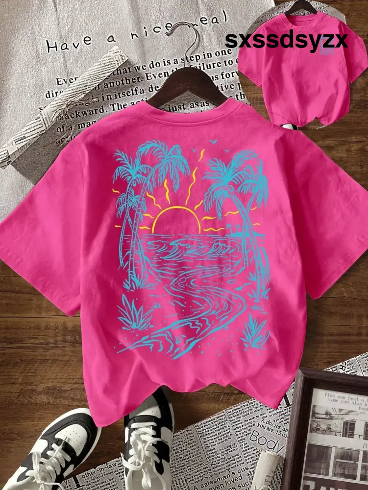 EMERY ROSE Women’s Palm Tree Print Casual Round Neck Short Sleeve T-Shirt - T-Shirts