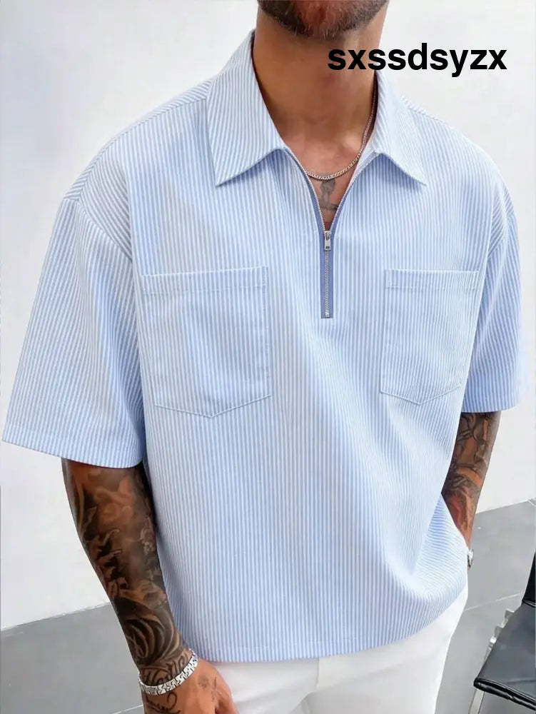GloMan Men’s Summer Striped Casual Short Sleeve Shirt Lightweight Breathable Basic Everyday Top Suitable For Home