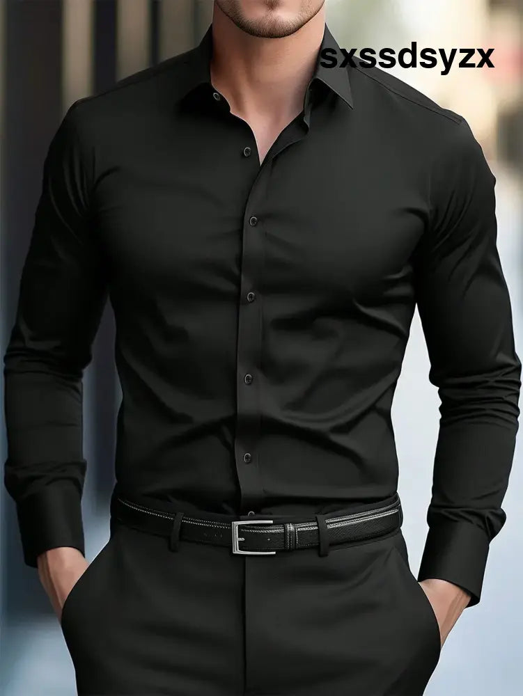 Manfinity Mode Men’s Black Winter Basic Business Casual Office Stand-Up Collar Solid Color Button Long Sleeve