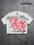 Manfinity ZONE917 Men Boxy Cropped Loose Casual Fashion Red Angel Script Slogan Print Small Logo White Short Sleeve
