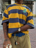 Men’s Retro American Style Colorblock Wide Stripe Clean Fit Dropped Shoulder Short Sleeve T-Shirt College Style - Men