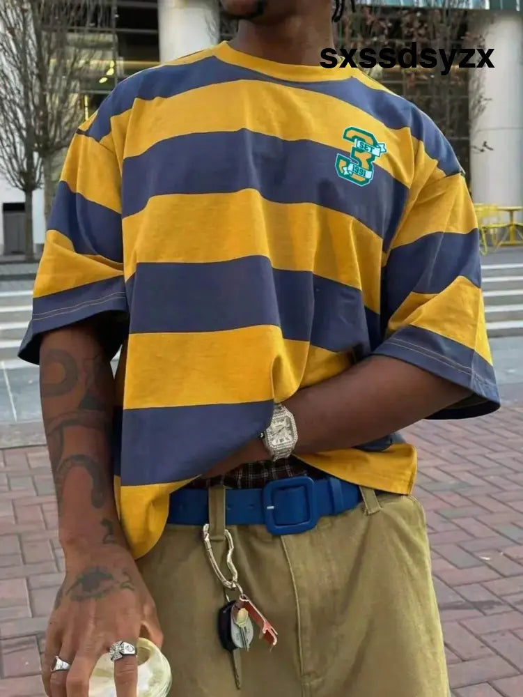 Men’s Retro American Style Colorblock Wide Stripe Clean Fit Dropped Shoulder Short Sleeve T-Shirt College Style - Men