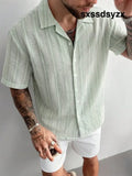 Men’s Slim Fit Linen-Like Striped Shirt Minimalist Stylish Mandarin Collar Top Fashionable & Refreshing For Summer Wear