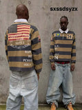 Men’s Yellow & Blue Striped Rugby Shirt ’74’’ Patch American Flag Back Print Cropped Polo - Men Tops