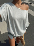 Muchica Light Grey Knit Loose Fit Short Sleeve T-Shirt For Women,Summer Casual Occasion Oversized Off Shoulder Wide
