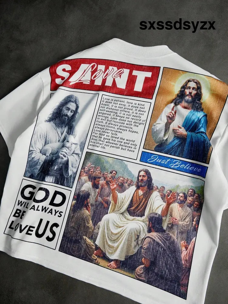 PAVTROS White Summmer Streetwear Saint Print T-Shirt,City Break Fashionable Casual Daily Wear,Valentine’s Day