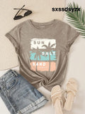 Resyla Women’s Summer Palm Tree & Letter Print Crew Neck Short Sleeve Casual T-Shirt SUN SALT SAND SEASIDE PARADISE