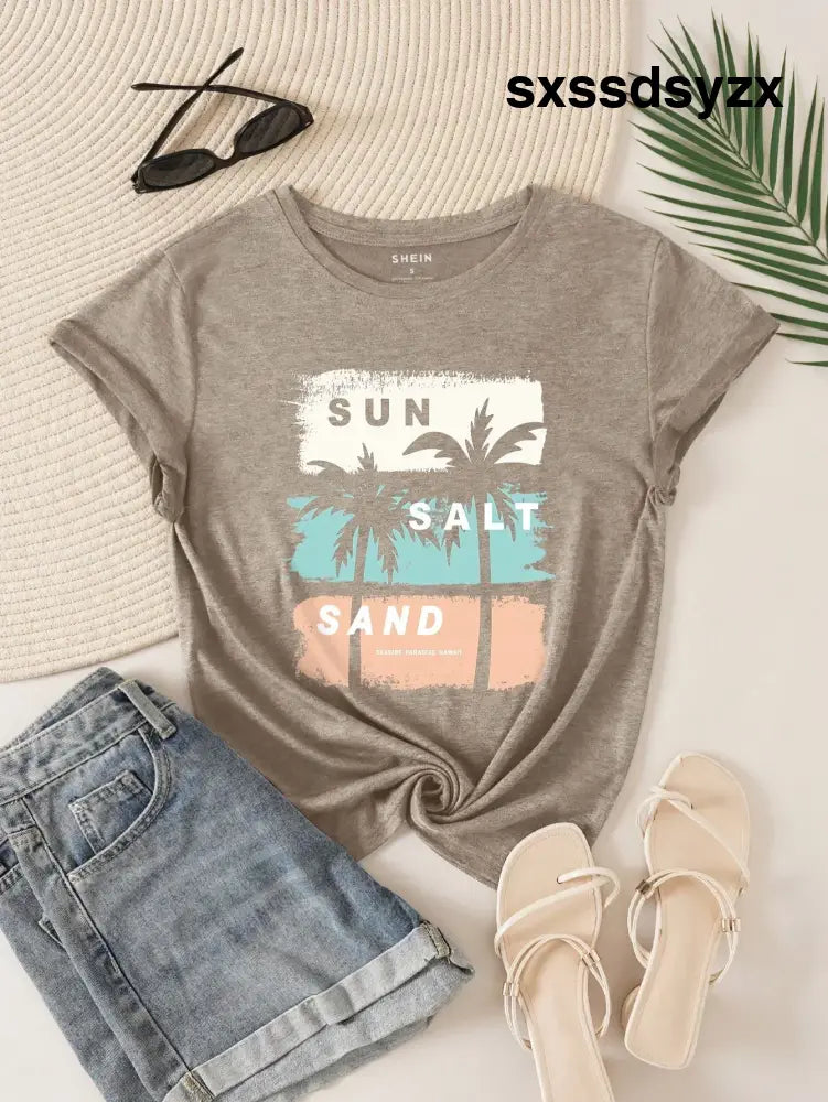 Resyla Women’s Summer Palm Tree & Letter Print Crew Neck Short Sleeve Casual T-Shirt SUN SALT SAND SEASIDE PARADISE