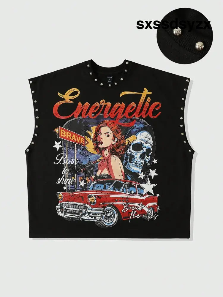 ROMWE MEN Street Life Men’s Printed Rivet Loose Tank Top - Men Tops