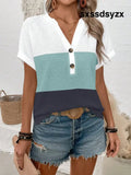 SHEIN LUNE Women’s Casual Vacation Colorblock Waffle Fabric Notched Neck Half-Button Batwing Short Sleeve Loose T-Shirt