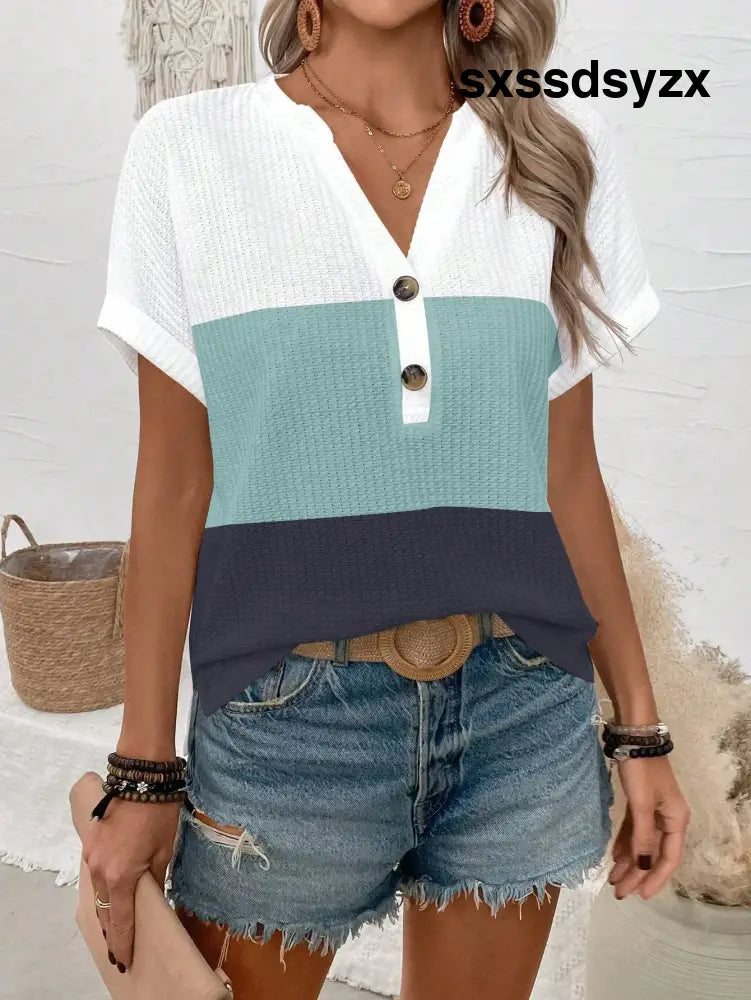 SHEIN LUNE Women’s Casual Vacation Colorblock Waffle Fabric Notched Neck Half-Button Batwing Short Sleeve Loose T-Shirt