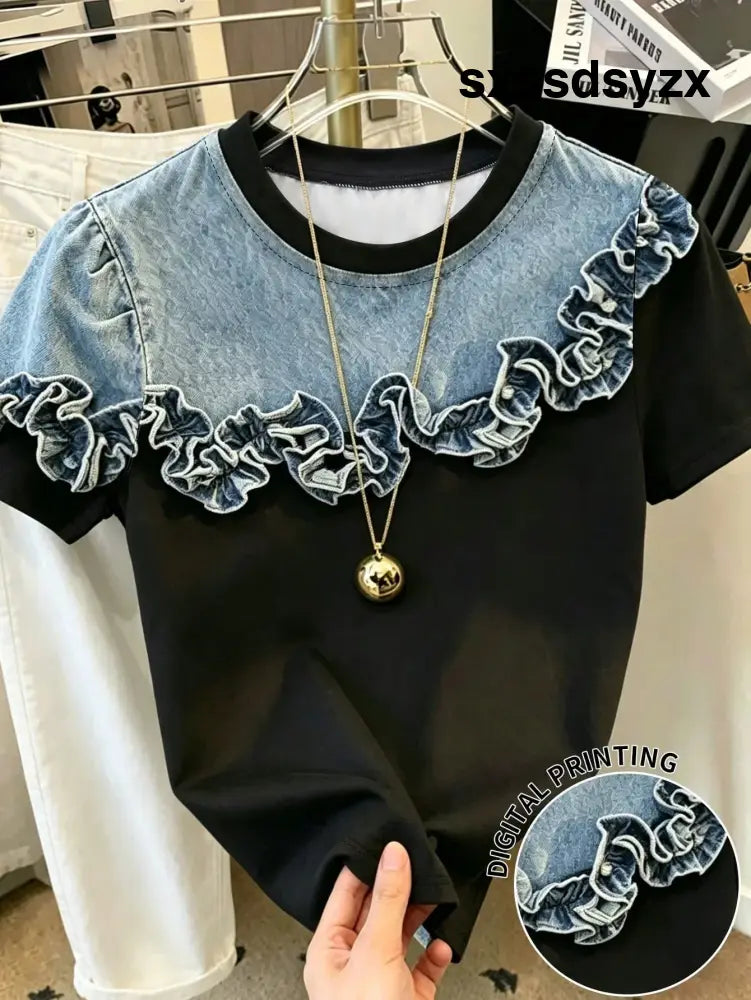SuriyaCove Women’s Denim Effect Print Ruffle Hem Short Sleeve Casual T-Shirt - T-Shirts