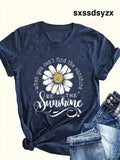 Women’s Cotton Blend T Shirt Short Sleeved Soft Loose Fit Daisy Print T Shirt With ’Be The Sunshine’ Quote Lightweight